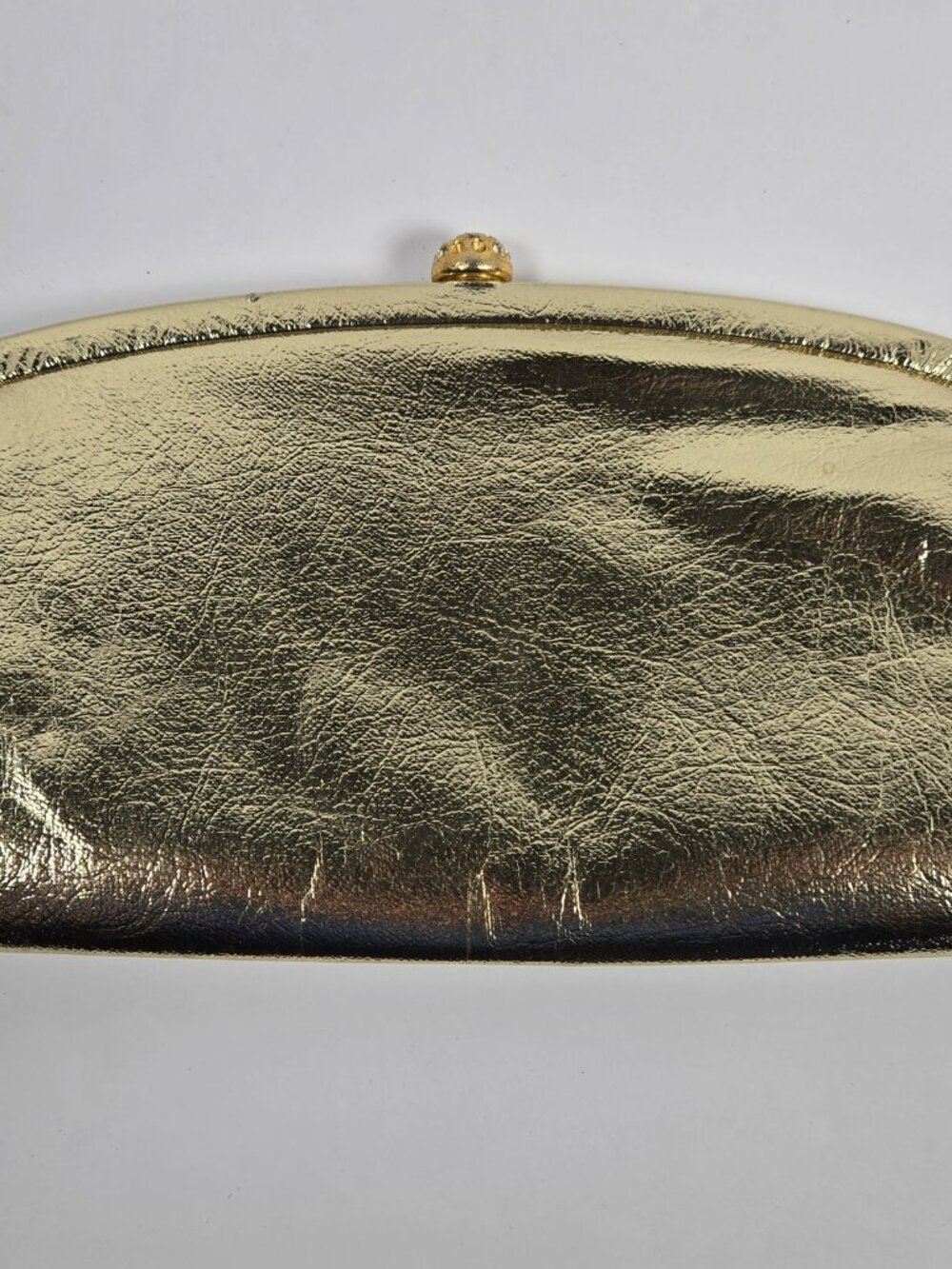 Vintage Gold Metallic Leather Evening Clutch Rhinestone Ball Clasp Glam